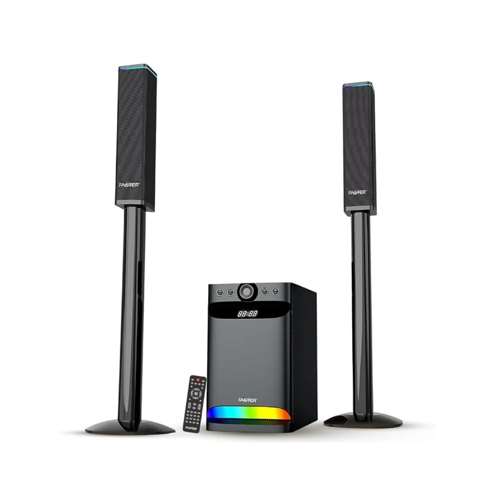 FASTER XB8000 Home Theater 2.1 CH. 8” Woofer & 3” Satellite Speakers Black Home Cinema 90W Soundbar with Subwoofer Bluetooth 5.0, USB, AUX, RGB Lights, Remote for TV, Smartphone, Tablet, Music