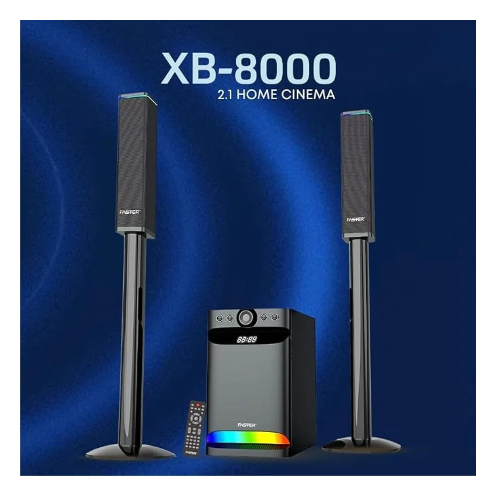 FASTER XB8000 Home Theater 2.1 CH. 8” Woofer & 3” Satellite Speakers Black Home Cinema 90W Soundbar with Subwoofer Bluetooth 5.0, USB, AUX, RGB Lights, Remote for TV, Smartphone, Tablet, Music — Image 4