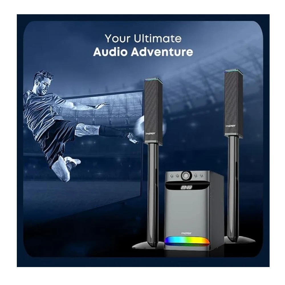 FASTER XB8000 Home Theater 2.1 CH. 8” Woofer & 3” Satellite Speakers Black Home Cinema 90W Soundbar with Subwoofer Bluetooth 5.0, USB, AUX, RGB Lights, Remote for TV, Smartphone, Tablet, Music — Image 6