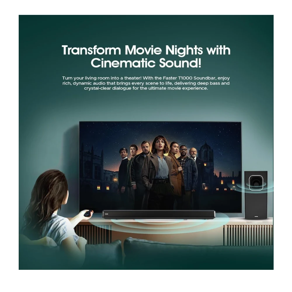 Faster T1000 Theater Pro Soundbar - 2.1CH Wired Subwoofer & Bluetooth 5.0 Wireless Speaker - 120W Audio Power, Smart Home Theater System with USB, AUX, TV-ARC, Optical, PC, & Mobile Compatibility — Image 4