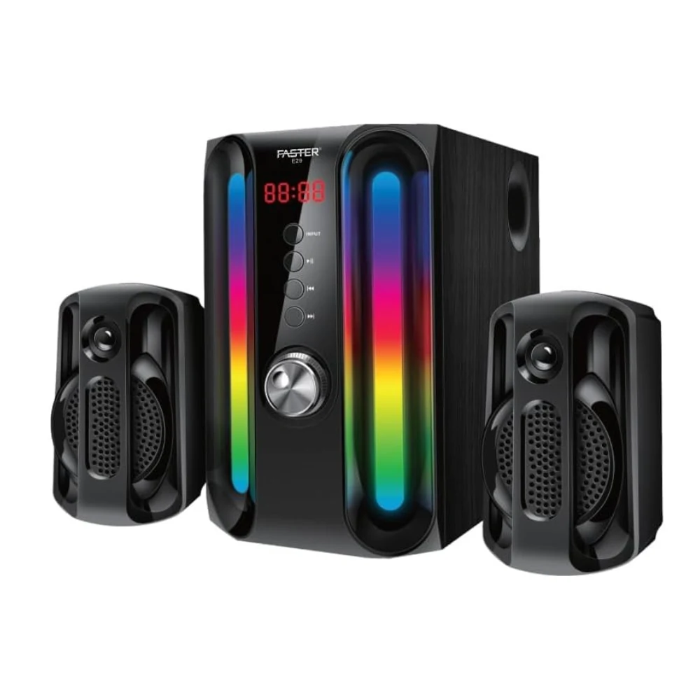 Faster E29 Bluetooth 5.4 Multimedia Speakers, 2.1 Channel Sound System with 45W Subwoofer, RGB Lights, USB, SD Card, AUX, FM, Remote Control, Home Audio, PC Speakers for Entertainment and Gaming