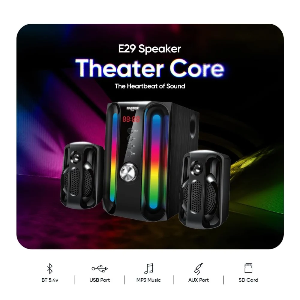 Faster E29 Bluetooth 5.4 Multimedia Speakers, 2.1 Channel Sound System with 45W Subwoofer, RGB Lights, USB, SD Card, AUX, FM, Remote Control, Home Audio, PC Speakers for Entertainment and Gaming — Image 2