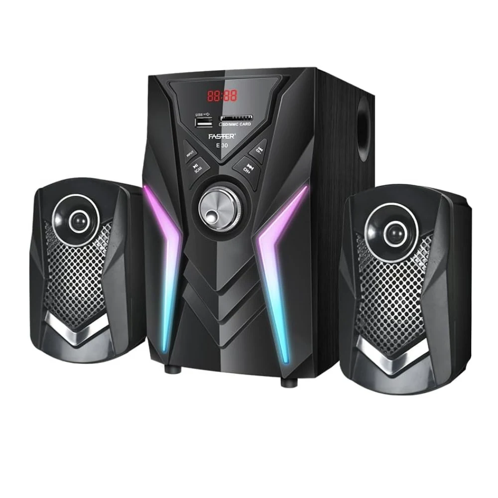 Faster Theater Wave E30 Bluetooth 5.4 Multimedia Speakers, 2.1 Channel Sound System with 45W Subwoofer, RGB Lights, USB, AUX, SD Card, FM, Remote Control, Home Theatre Audio, PC Speakers for Music