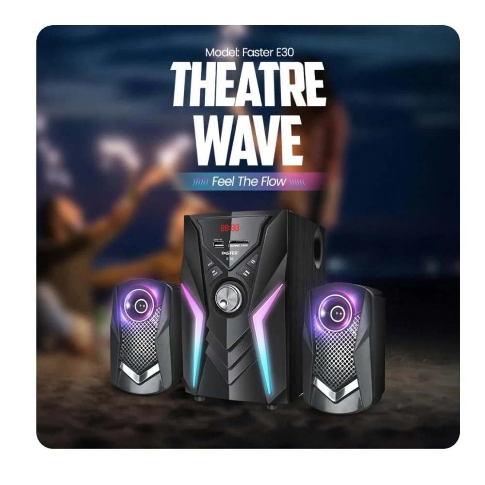 Faster Theater Wave E30 Bluetooth 5.4 Multimedia Speakers, 2.1 Channel Sound System with 45W Subwoofer, RGB Lights, USB, AUX, SD Card, FM, Remote Control, Home Theatre Audio, PC Speakers for Music — Image 2