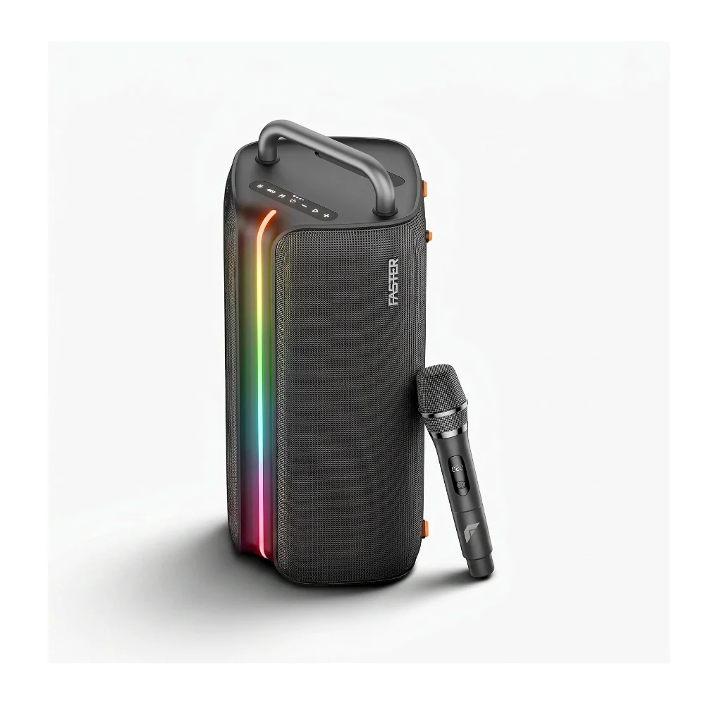 FASTER X400 Wireless Speaker 110W, 7H Playtime, 4.75" Dual Woofers, BT 5.3 Black Portable Speakers with TWS Mode, USB, Bass Control, MP3. Party Speaker, RGB Lights, Metal Handle, Wireless Mic.