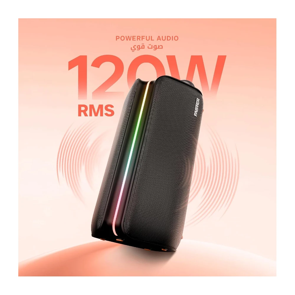 FASTER X400 Wireless Speaker 110W, 7H Playtime, 4.75" Dual Woofers, BT 5.3 Black Portable Speakers with TWS Mode, USB, Bass Control, MP3. Party Speaker, RGB Lights, Metal Handle, Wireless Mic. — Image 2