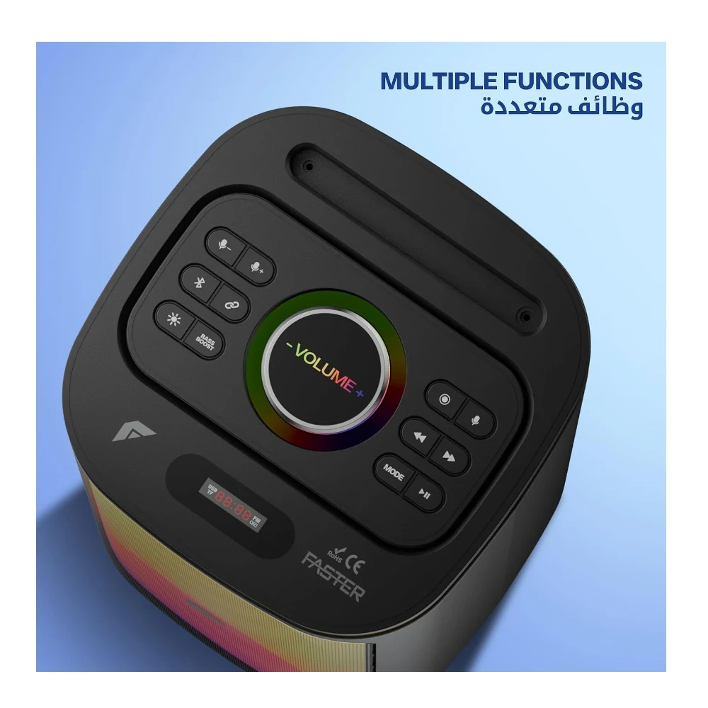 Faster X500 Portable Bluetooth Speaker 30W with Dual 4 Inch Woofers, Bluetooth 5.3, Wireless Mic, LED Lights, FM Radio, USB TF AUX Inputs, TWS Karaoke Party Speaker with Remote for Home Outdoor Travel — Image 7
