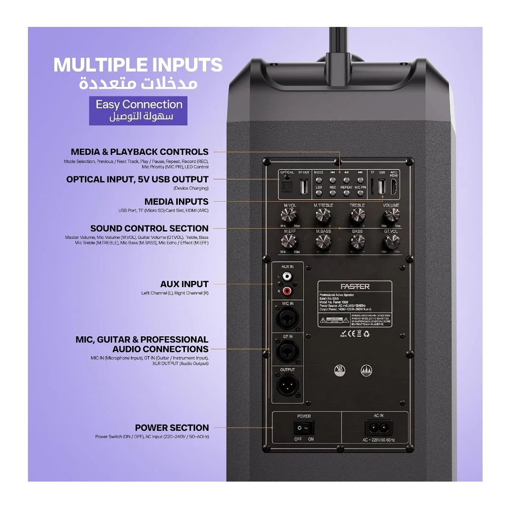FASTER X600 Wired Speaker 240W 8” Woofer & 4 Tweeters FM, BT 5.3 Tower Sound System Deep Bass, Wireless Mic, LED Lights, USB Playback, AUX Input, LED Lights, TWS Karaoke Function For Party