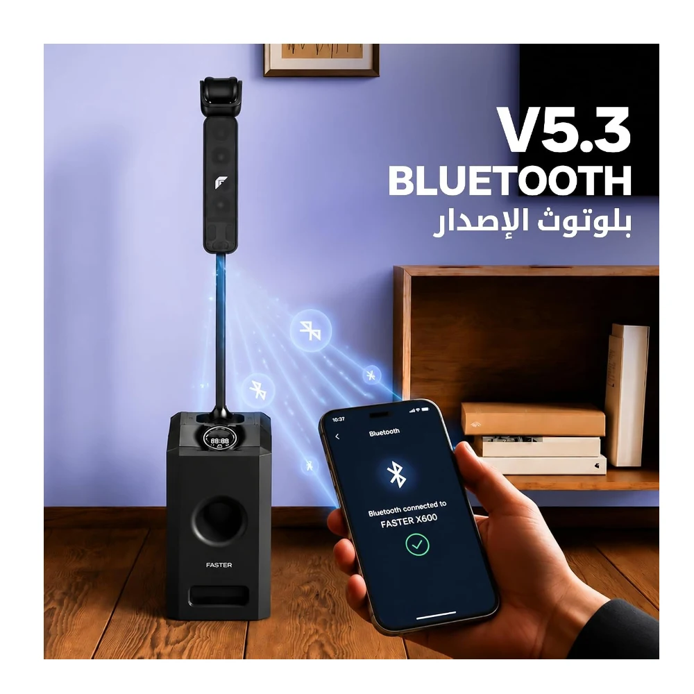 FASTER X600 Wired Speaker 240W 8” Woofer & 4 Tweeters FM, BT 5.3 Tower Sound System Deep Bass, Wireless Mic, LED Lights, USB Playback, AUX Input, LED Lights, TWS Karaoke Function For Party — Image 8