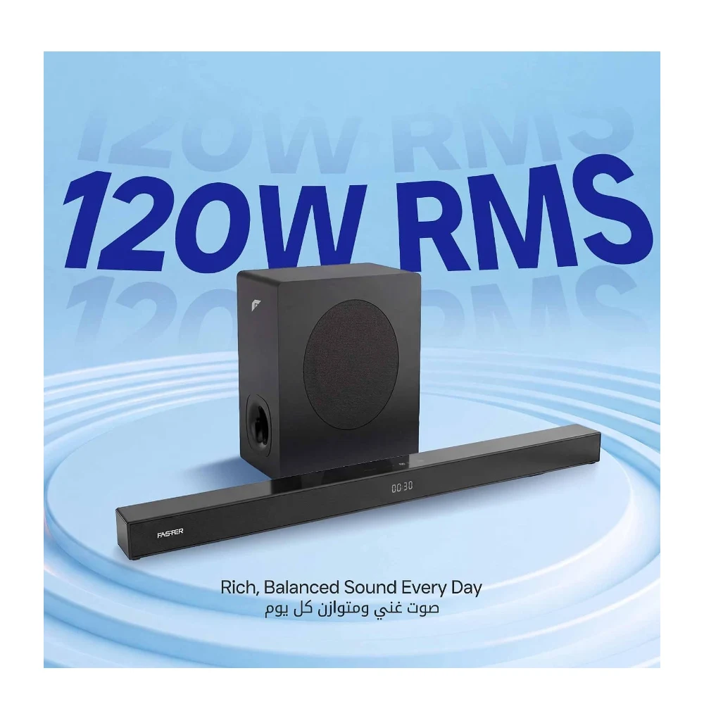 FASTER T4000W Theater Pro 120W 2.1CH Soundbar with 5.25” Wireless Subwoofer Black Home Theater System Bluetooth 5.2+EDR, HDMI ARC, Optical, AUX, USB Playback. DSP, EQ Modes Remote & LED Display — Image 5