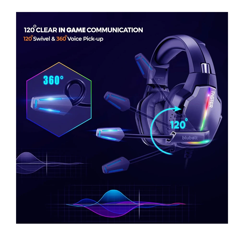 Faster BG400 Gaming Headset - Noise Reduction Over Ear Headphones with Microphone - Wired Gaming Headphones 3.5mm & USB - Surround Sound RGB LED Lighting - PC Laptop Console Gamer Headset — Image 4