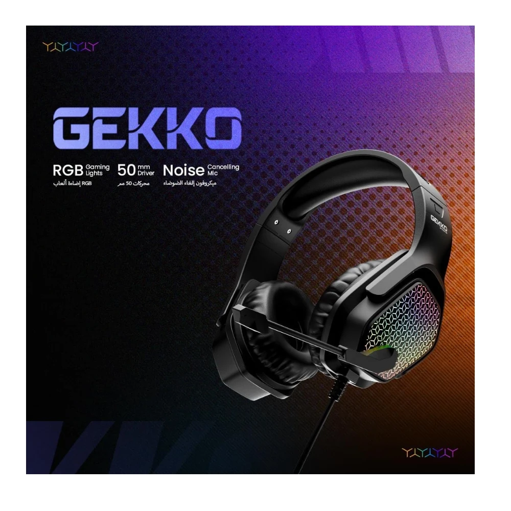 FASTER BG500 Gekko Gaming Headphones with LED RGB, Ultra-Clear Mic, Deep Bass 40mm Drivers, Noise-Isolating Cushions, Adjustable Headband, Lightweight Design - Compatible with PC/PS4/PS5/Mobile