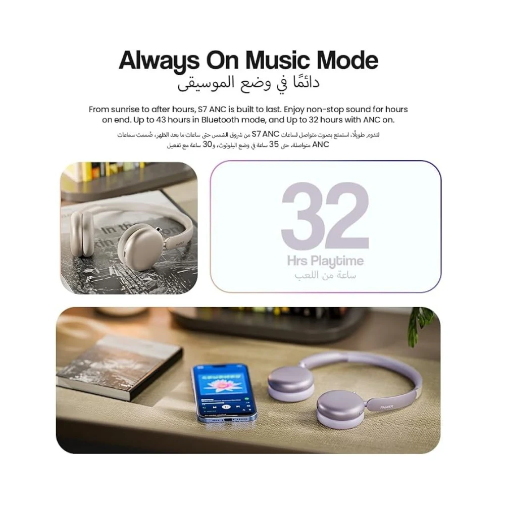 Faster S7 Soluna Wireless Headphones, Bluetooth 5.4 Headset, 43H Playtime (32H with ANC), Over-Ear Headphones, 40mm Drivers, LED Indicator, Voice Assistant, Calls, Game & Music Mode, Type-C Charging — Image 4
