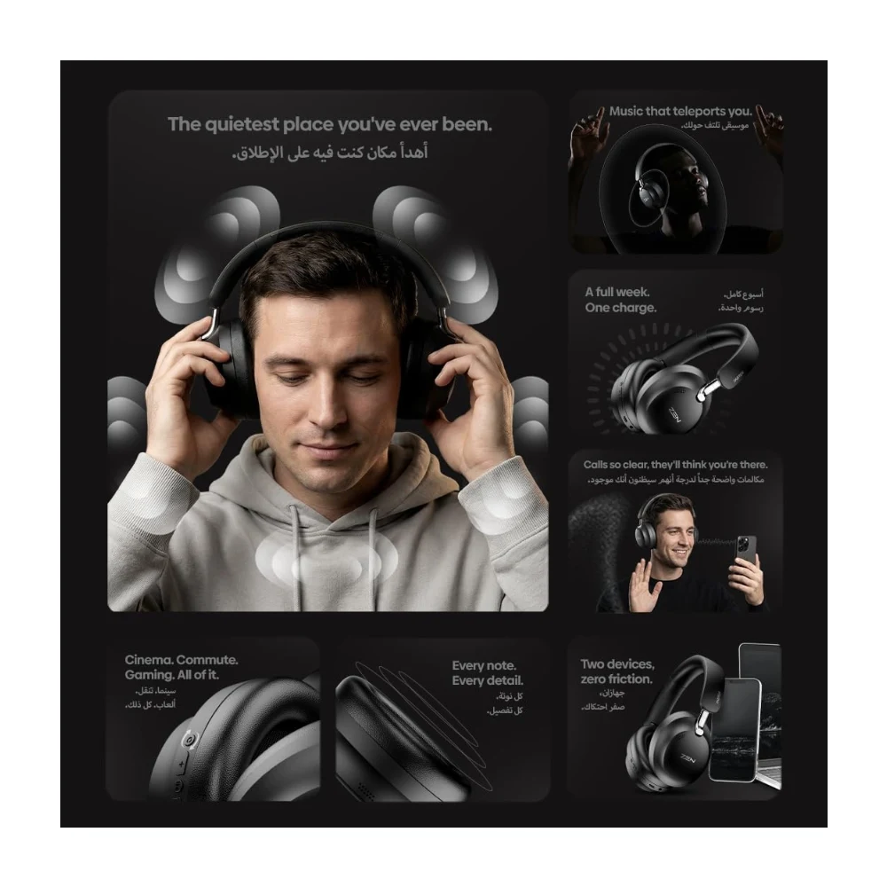 FASTER ZEN-100 Hybrid ANC Wireless Headphones, Bluetooth 6.0+EDR, 15m Range, 50H Playtime, 40mm Drivers, Low Latency, Dual Mic ENC, Spatial Audio, Head Tracking, Type-C Charging Over-Ear Headset — Image 3