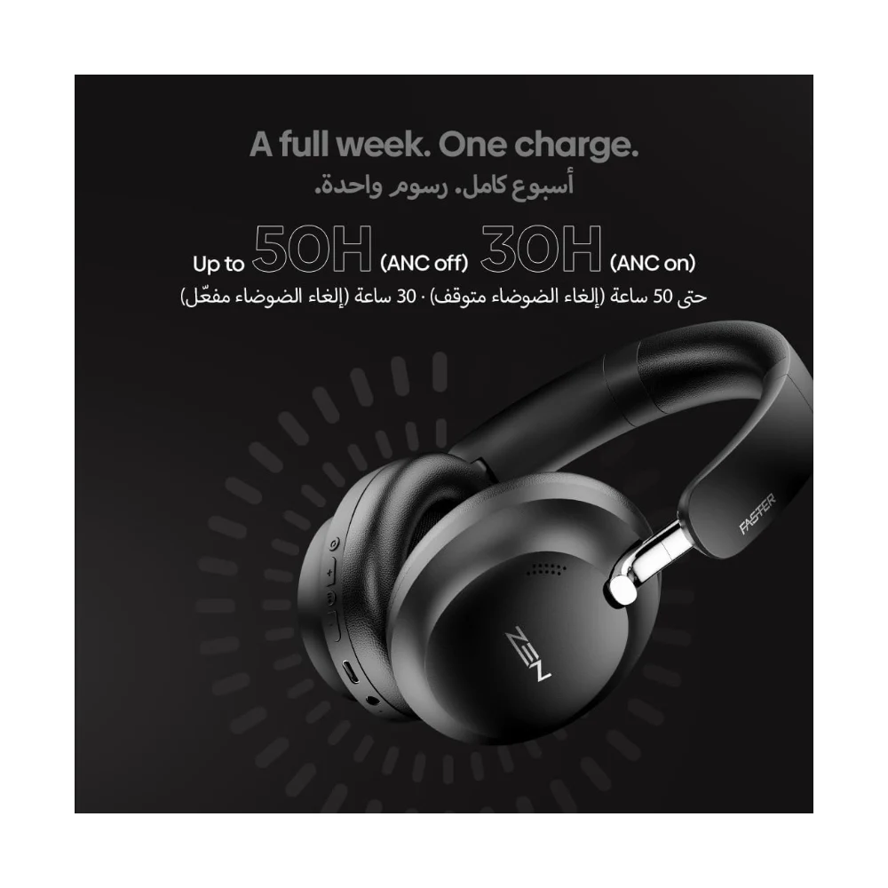 FASTER ZEN-100 Hybrid ANC Wireless Headphones, Bluetooth 6.0+EDR, 15m Range, 50H Playtime, 40mm Drivers, Low Latency, Dual Mic ENC, Spatial Audio, Head Tracking, Type-C Charging Over-Ear Headset — Image 5