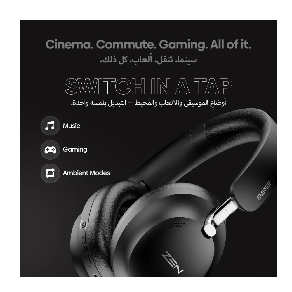 FASTER ZEN-100 Hybrid ANC Wireless Headphones, Bluetooth 6.0+EDR, 15m Range, 50H Playtime, 40mm Drivers, Low Latency, Dual Mic ENC, Spatial Audio, Head Tracking, Type-C Charging Over-Ear Headset — Image 7