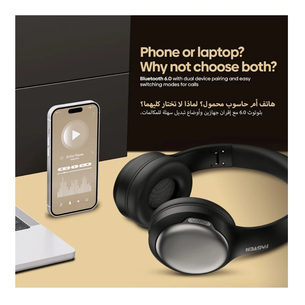 FASTER S5-Pro ANC+ENC Wireless Over-Ear Headphones, Bluetooth 6.0+EDR, Low Latency Music Gaming, 3EQ Sound, Voice Assistant, 40mm Drivers, 60H Playtime, Adjustable Headband — Image 4