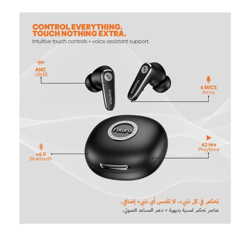 FASTER Futura AI-200 Wireless AI Earbuds, Real-Time Translation, Bluetooth 6.0, 42H Playtime, 4 Mic ANC+ENC, 2 Mic TWS, AI Voice Assistant, 100+ Language Translator, 3EQ, 48ms Low Latency — Image 7