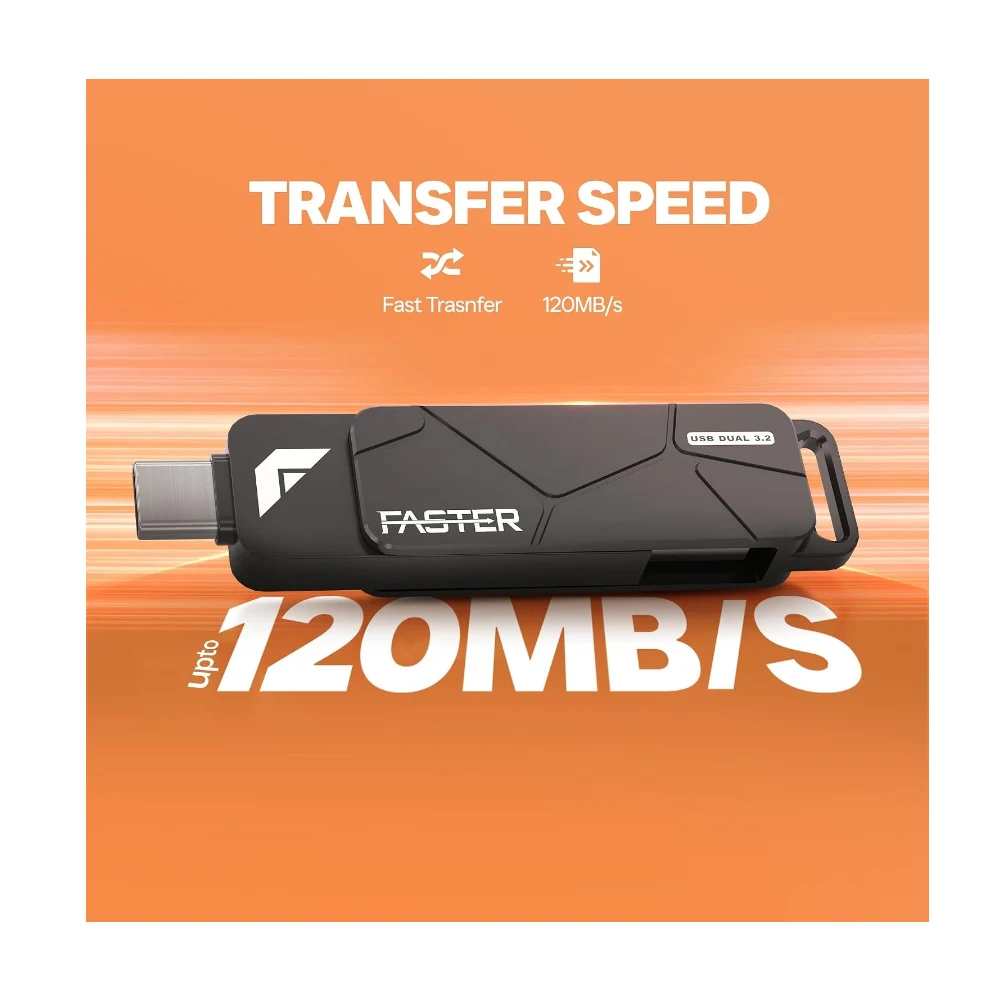 FASTER FU-10 Dual USB-A & USB-C Drive Up to 120MB/s Read Speed Up to 40MB/s Write Speed, 3.2 Gen 1 Metal Design, Titanium Grey OTG Thumb Drive for iPhone, Android, MacBook, Windows, Linux — Image 3