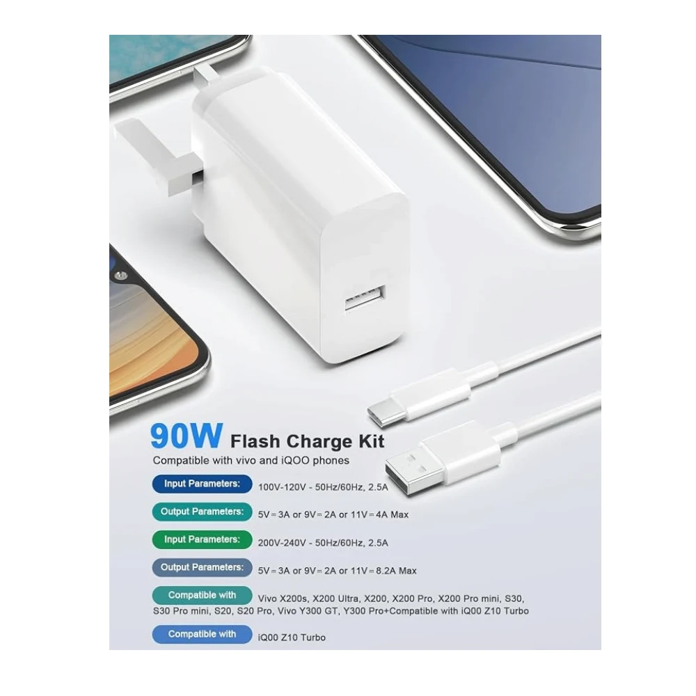 90W FlashCharge Charger Compatible with Vivo X200 iQOO 12 V60 for Vivo X200/X100/X90, iQOO 12/11/10, Vivo V60/V50 Lite, Vivo Pad and USB-C Devices Type-C Travel Charge Plug — Image 3