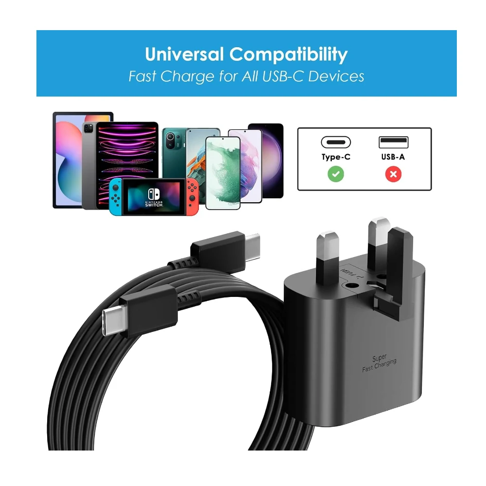 For Samsung Fast Charger,25W USBC Plug with 6ft USB C Cable, Wall Sam sung Super Fast Chargers,Compatible with Galaxy S24/S24Ultra/S24+/S23 Ultra,S22,S21/S20 FE,S20,S10,Note 20,A12,A13,A14,A33,A53,A54 — Image 4