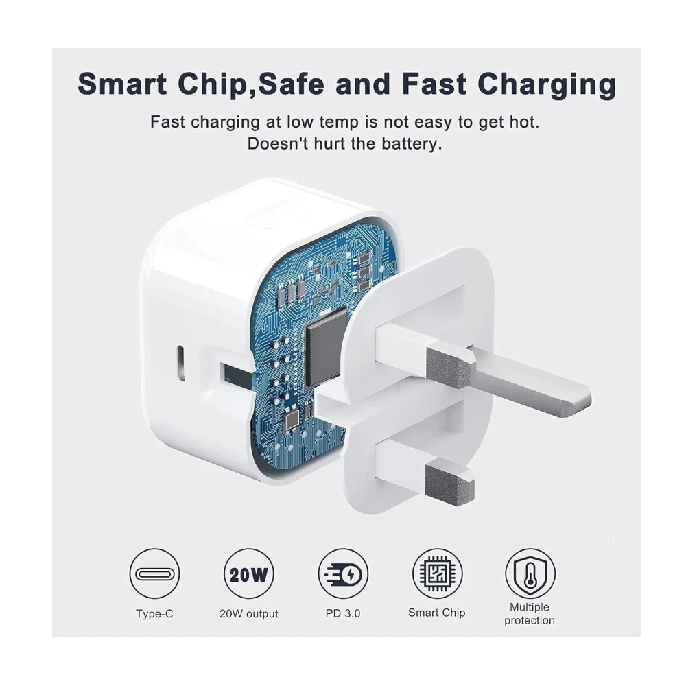 20W USB-C Fast Charger UK Plug with USB-C to Lightning Cable, Fast Charging Wall Adapter Compatible with iPhone Devices, White — Image 4