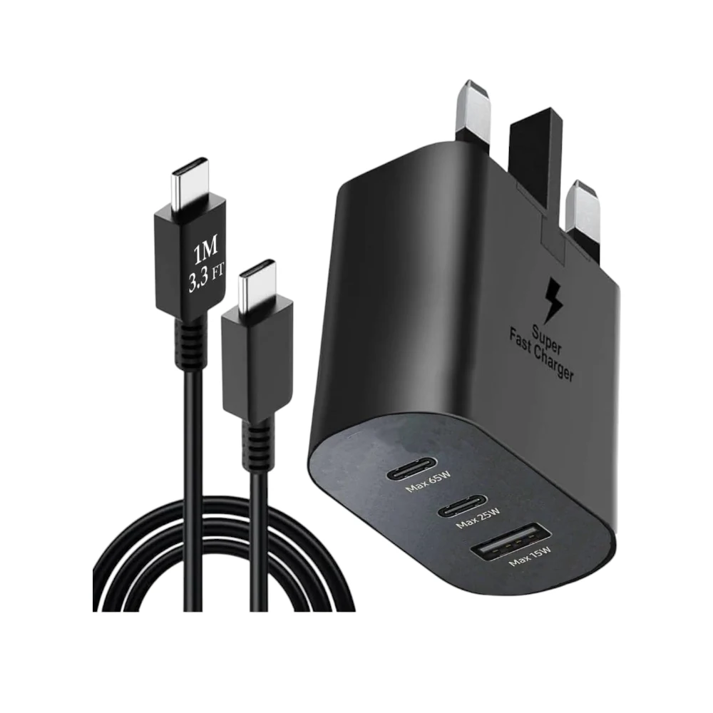 65W Super Fast Charger, 3 Port for All Type of Mobiles Phones | 3-Ports: USB-C(PD3,0 PPSMax65-W), USB-C(PD 3,0 PPS Max 25-W), USB-A(Max15-W) (Adapter with 1M Type_C Cable) — Image 3