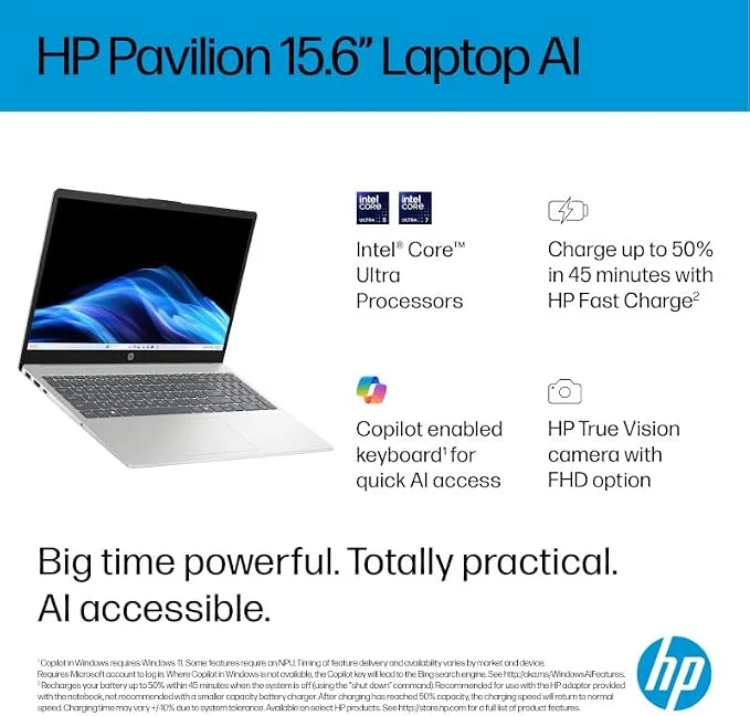 HP AI Laptop 15-FD2038NE | 15.6" FHD Display | Intel Core Ultra 5-225U | 8GB DDR5 RAM | 512GB SSD | Windows 11 | Natural Silver | En-Ar Keyboard | UAE Version [D89JBEA] — Image 5