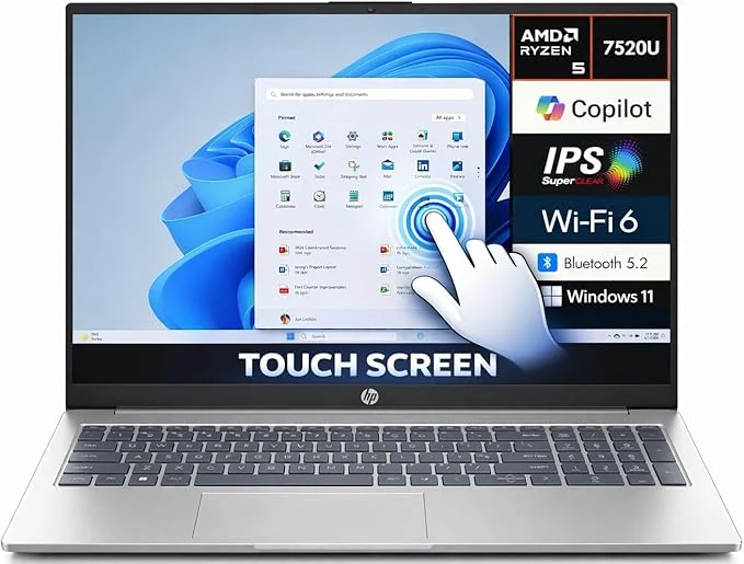 HP-15 Laptop AMD Ryzen 5-7520U 15.6inch FHD 512GB SSD 8GB RAM Shared AMD Radeon Graphics Win11 English Keyboard Touch Display Natural Silver International Version - [15-FC0146DX] — Image 4