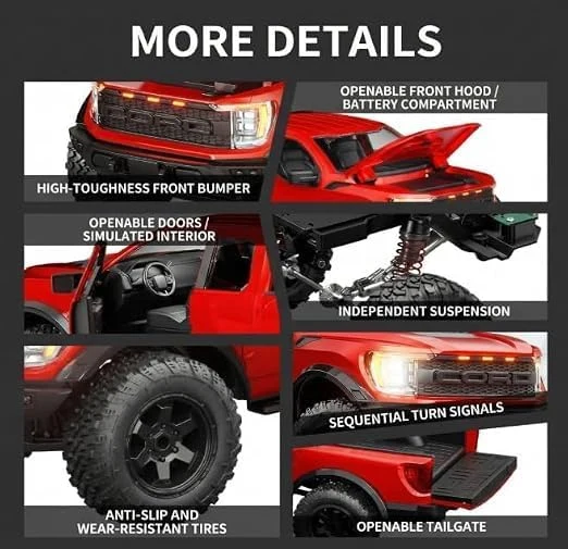 Ford Raptor F150 1:12 Scale (RED) Independent Suspension, 380 Motor, 1500mAh 7.4V Battery, Sequential Turn Signals, Full Proportional Control — Image 2