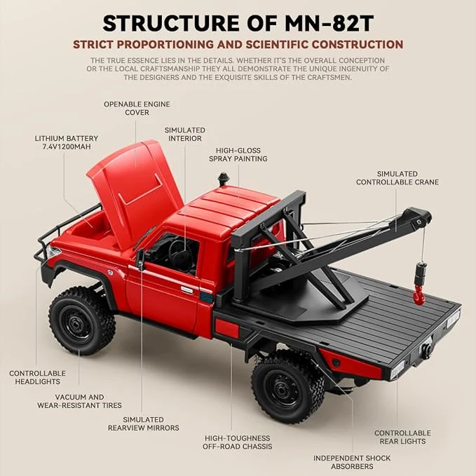 RC Crawler Car, 1/12 Scale 2.4G 4WD Remote Control Off Road Pickup Truck Vehicle Model with Functional Crane, Liftable Hook and 2-Speed Modes, Xmas Gifts for Adults & Youth — Image 3