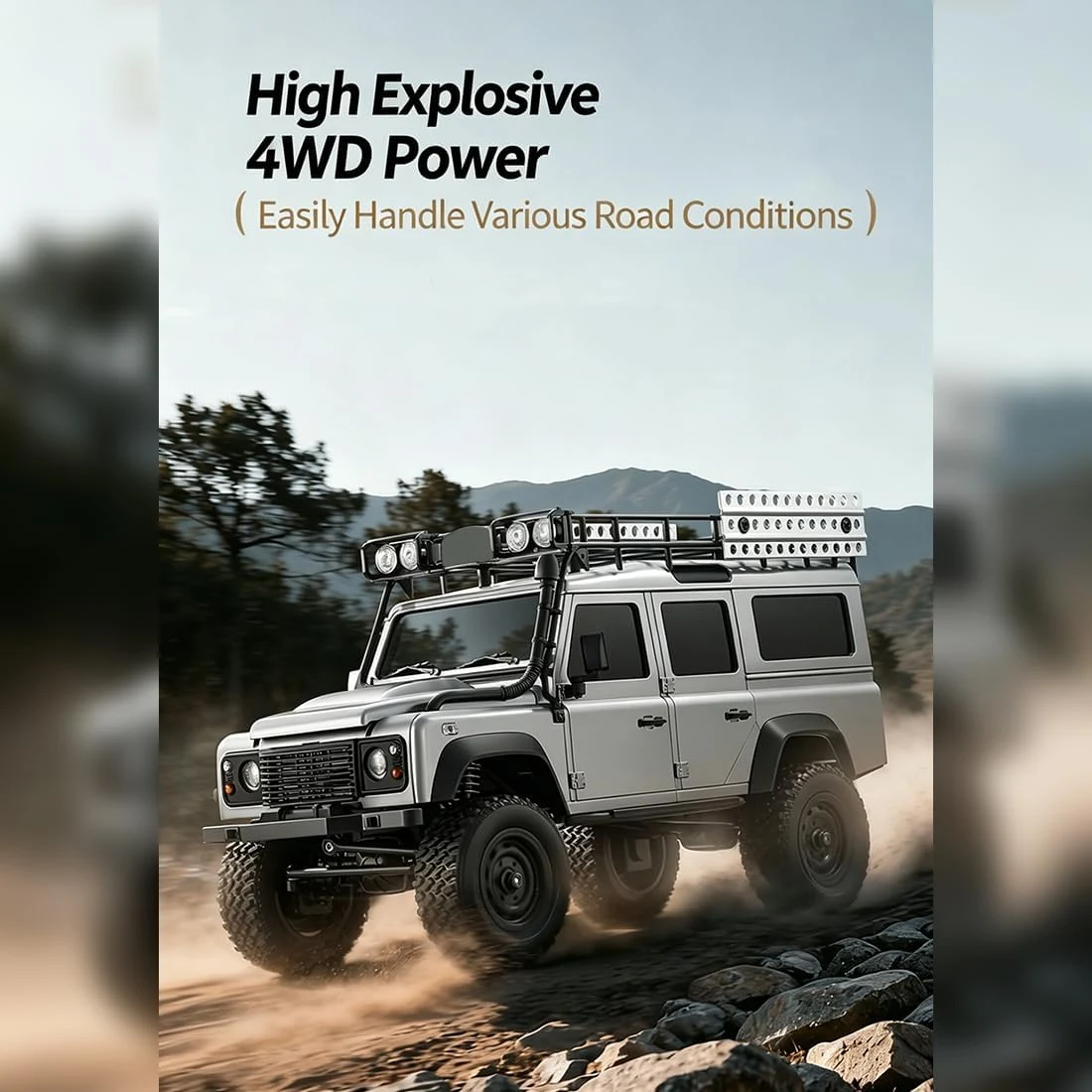MN-111C 1/18 Scale RC Stone Crawler Truck, 2.4G 4WD Off-Road RC Climbing Car with Two-Speed Transmission, Controllable LED Lights, Independent Suspension for Enthusiasts — Image 4