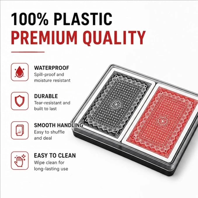 2-Decks Poker Size 100% Plastic Playing Cards Set in Plastic Case, Waterproof, Non- Toxic, Red & Black Classic Design Cards — Image 5