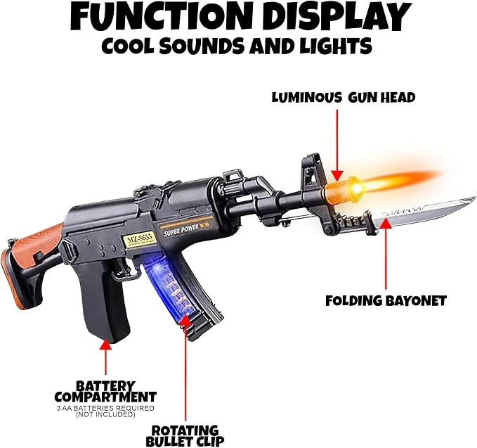 ArtCreativity Light Up Toy Machine Gun with Folding Bayonet by , Cool LED, Sound and Vibration Effects, 16" Pretend Play Military Submachine Pistol, Batteries Included, Great Gift for Boys and Girls
