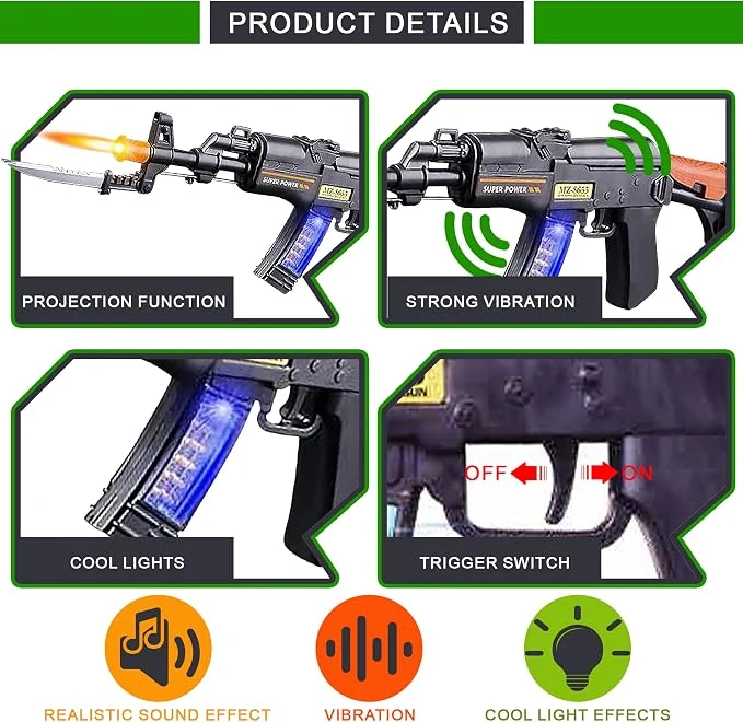 ArtCreativity Light Up Toy Machine Gun with Folding Bayonet by , Cool LED, Sound and Vibration Effects, 16" Pretend Play Military Submachine Pistol, Batteries Included, Great Gift for Boys and Girls — Image 3