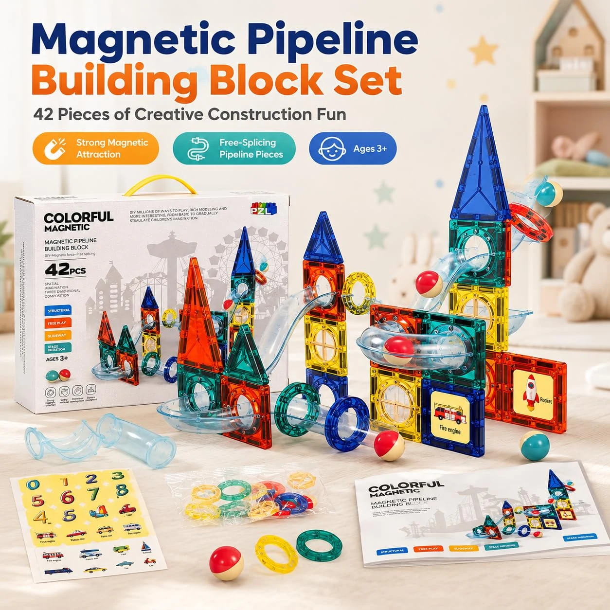 Magnetic Pipeline Building Blocks for Kids | 42 Pieces Magnetic Construction Toy with Slideway Pipes, Balls & Stickers | Creative STEM Building Set for Kids Age 3+