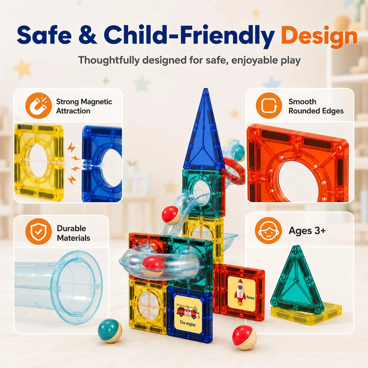 Magnetic Pipeline Building Blocks for Kids | 42 Pieces Magnetic Construction Toy with Slideway Pipes, Balls & Stickers | Creative STEM Building Set for Kids Age 3+ — Image 3