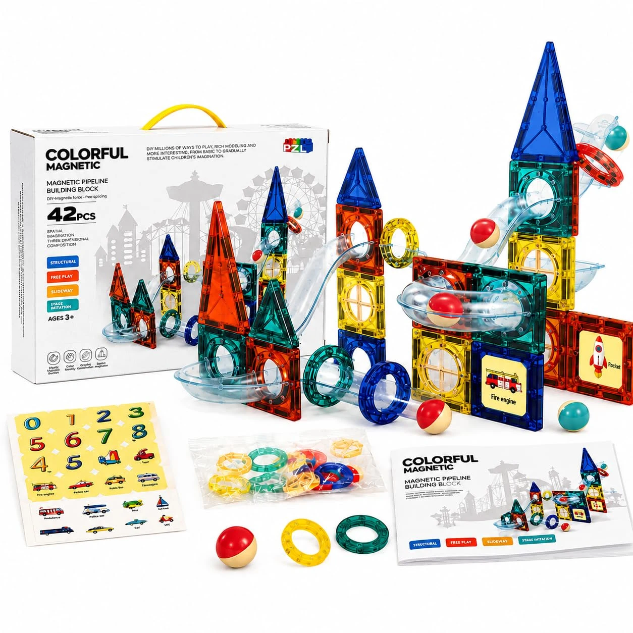 Magnetic Pipeline Building Blocks for Kids | 42 Pieces Magnetic Construction Toy with Slideway Pipes, Balls & Stickers | Creative STEM Building Set for Kids Age 3+ — Image 4