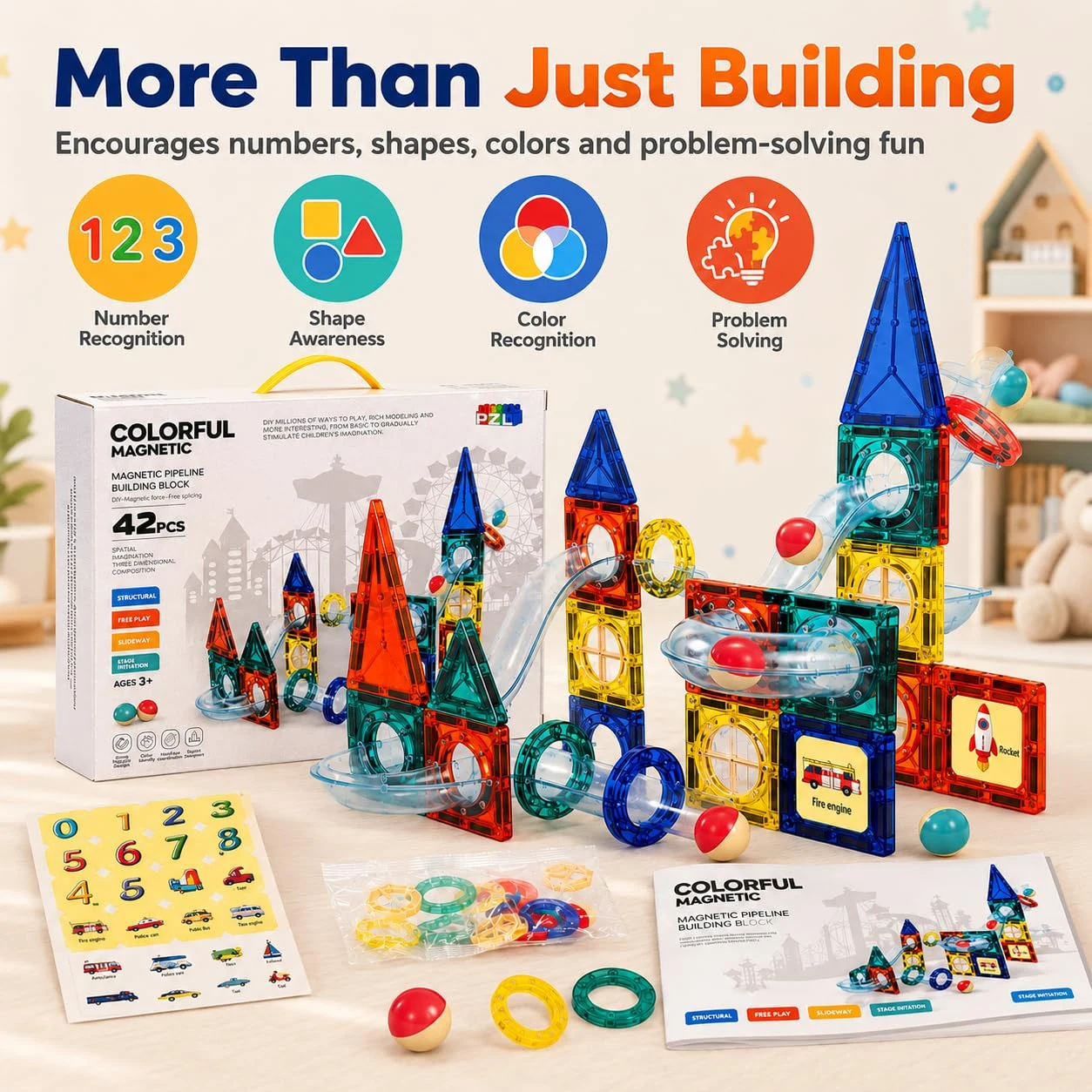 Magnetic Pipeline Building Blocks for Kids | 42 Pieces Magnetic Construction Toy with Slideway Pipes, Balls & Stickers | Creative STEM Building Set for Kids Age 3+ — Image 5