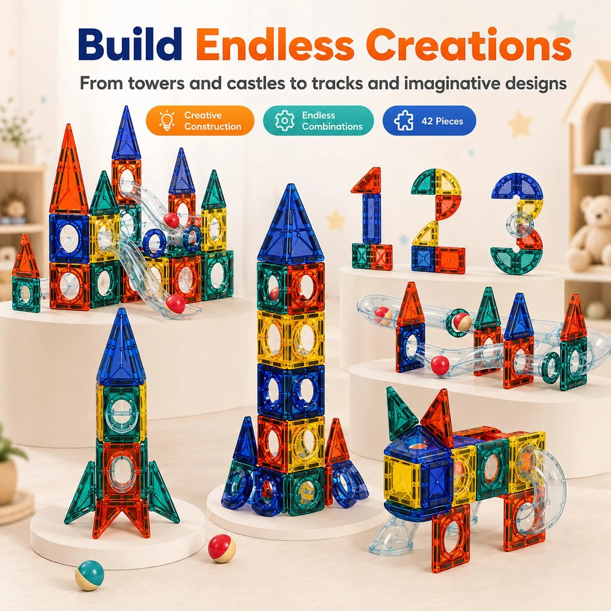 Magnetic Pipeline Building Blocks for Kids | 42 Pieces Magnetic Construction Toy with Slideway Pipes, Balls & Stickers | Creative STEM Building Set for Kids Age 3+ — Image 6
