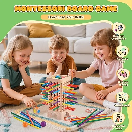 Game Wooden Board Games, 42 Colorful Sticks Dice Game Math Learning Toys for 3 4 5 6 Year Olds, Builds Fine Motor Skills & Counting, Family Travel Games for 3 Year Olds Gift for Kids