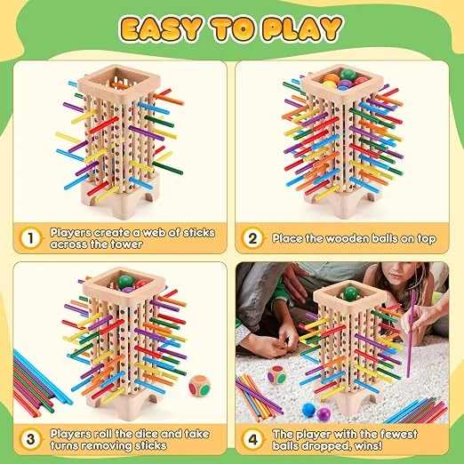 Game Wooden Board Games, 42 Colorful Sticks Dice Game Math Learning Toys for 3 4 5 6 Year Olds, Builds Fine Motor Skills & Counting, Family Travel Games for 3 Year Olds Gift for Kids — Image 4