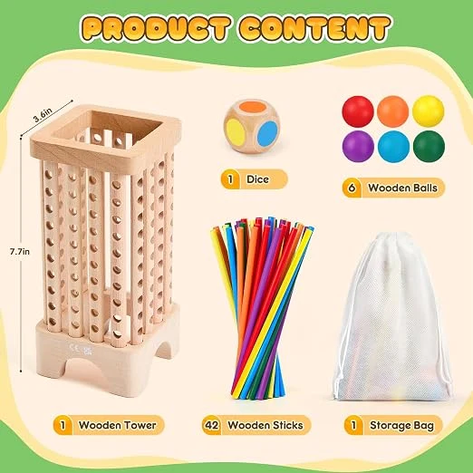 Game Wooden Board Games, 42 Colorful Sticks Dice Game Math Learning Toys for 3 4 5 6 Year Olds, Builds Fine Motor Skills & Counting, Family Travel Games for 3 Year Olds Gift for Kids — Image 5