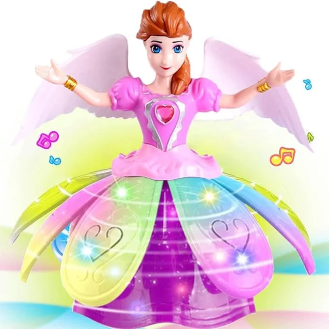 Princess Musical Dancing Angel Doll with 3D LED Lights & Music, 360° Spinning, Bump and Go Action – Perfect Fairy Toy for Kids with Flashing Lights, Nursery Rhymes, Ideal Gift for Girls Ages 3+
