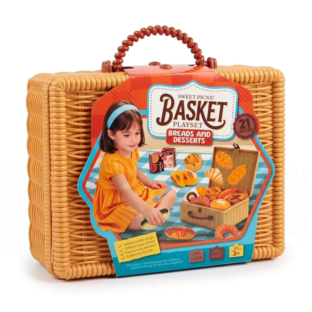 Sweet Picnic 21-Piece Toy Picnic Food Playset – Breads & Desserts, Multicolor Basket Role-Play Set for Kids Aged 3+