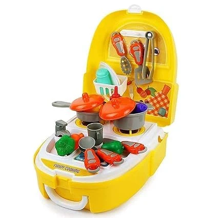 DD WORLD 2-in-1 Kitchen Backpack Toy Set – Pretend Play Cooking Set with Carry Case for Girls, Includes Utensils & Food Accessories (Multicolor)