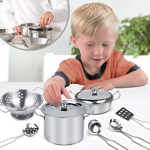 Toy Chef Little Play Kitchen Utensils - Stainless Steel Cookware Set for Kids, Play Pots and Pans Set for Kids, Play Dishes, Kids Kitchen Set Dishes - Silver — Image 2