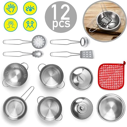 Toy Chef Little Play Kitchen Utensils - Stainless Steel Cookware Set for Kids, Play Pots and Pans Set for Kids, Play Dishes, Kids Kitchen Set Dishes - Silver — Image 3