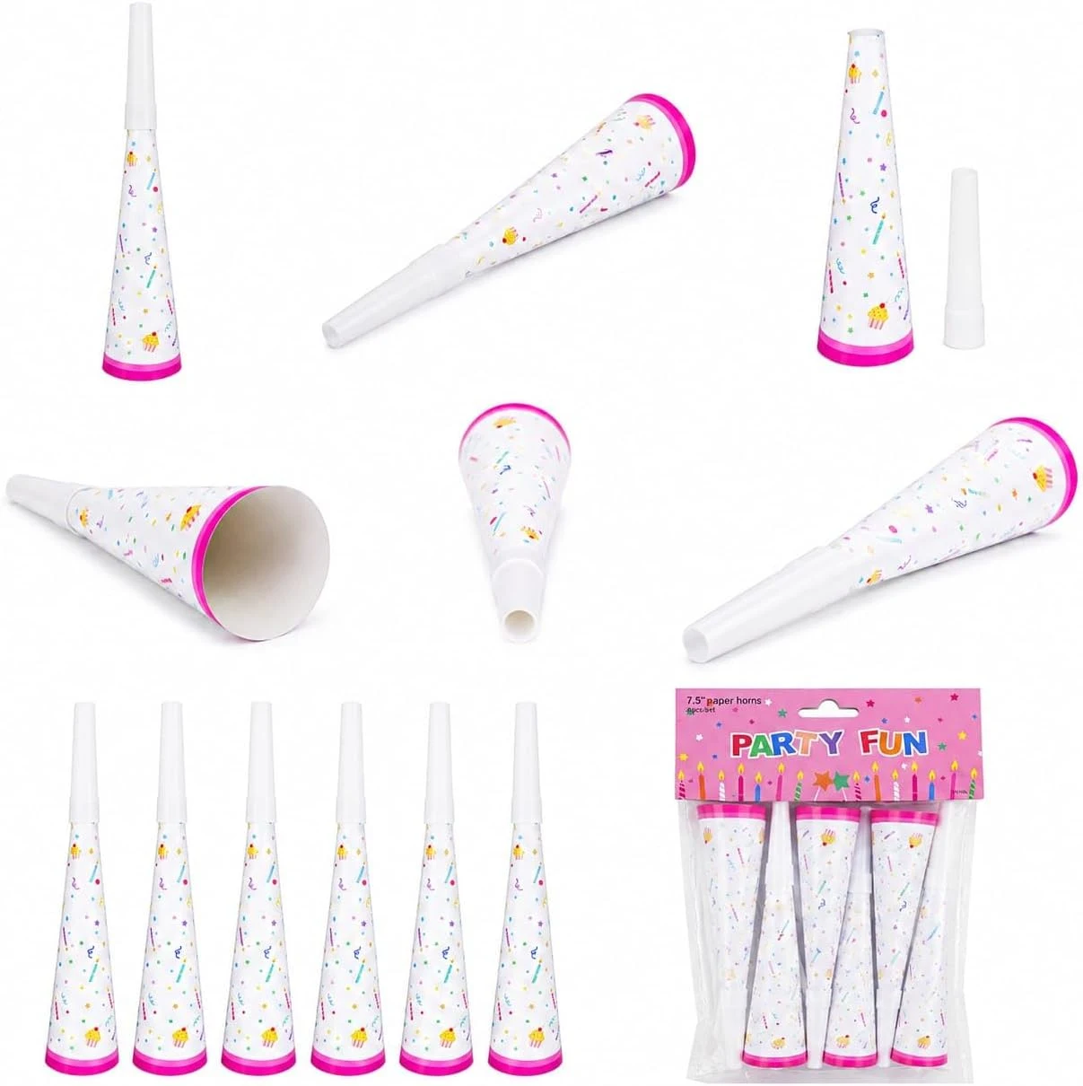 Birthday Party Blowouts, 6 Pack Paper Horn Noisemakers with Cupcake Design, 7.5 Inch Blow Out Party Favors for Kids & Adults Birthday Celebration