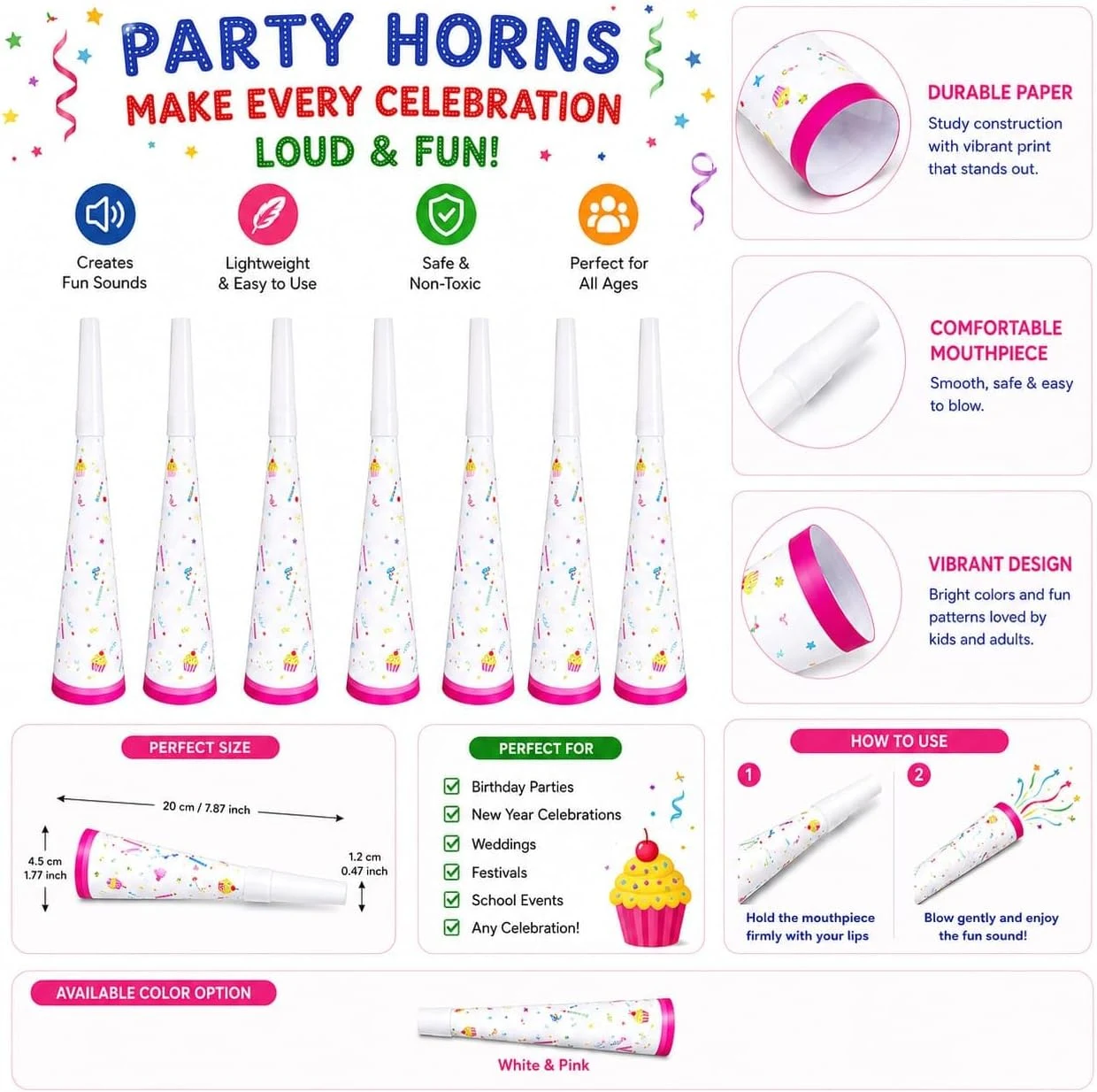 Birthday Party Blowouts, 6 Pack Paper Horn Noisemakers with Cupcake Design, 7.5 Inch Blow Out Party Favors for Kids & Adults Birthday Celebration